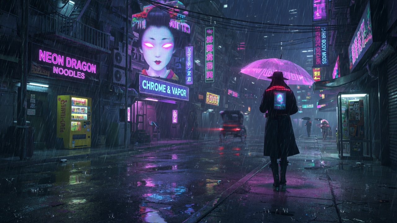 Neon-lit rainy street at night with reflections on the road