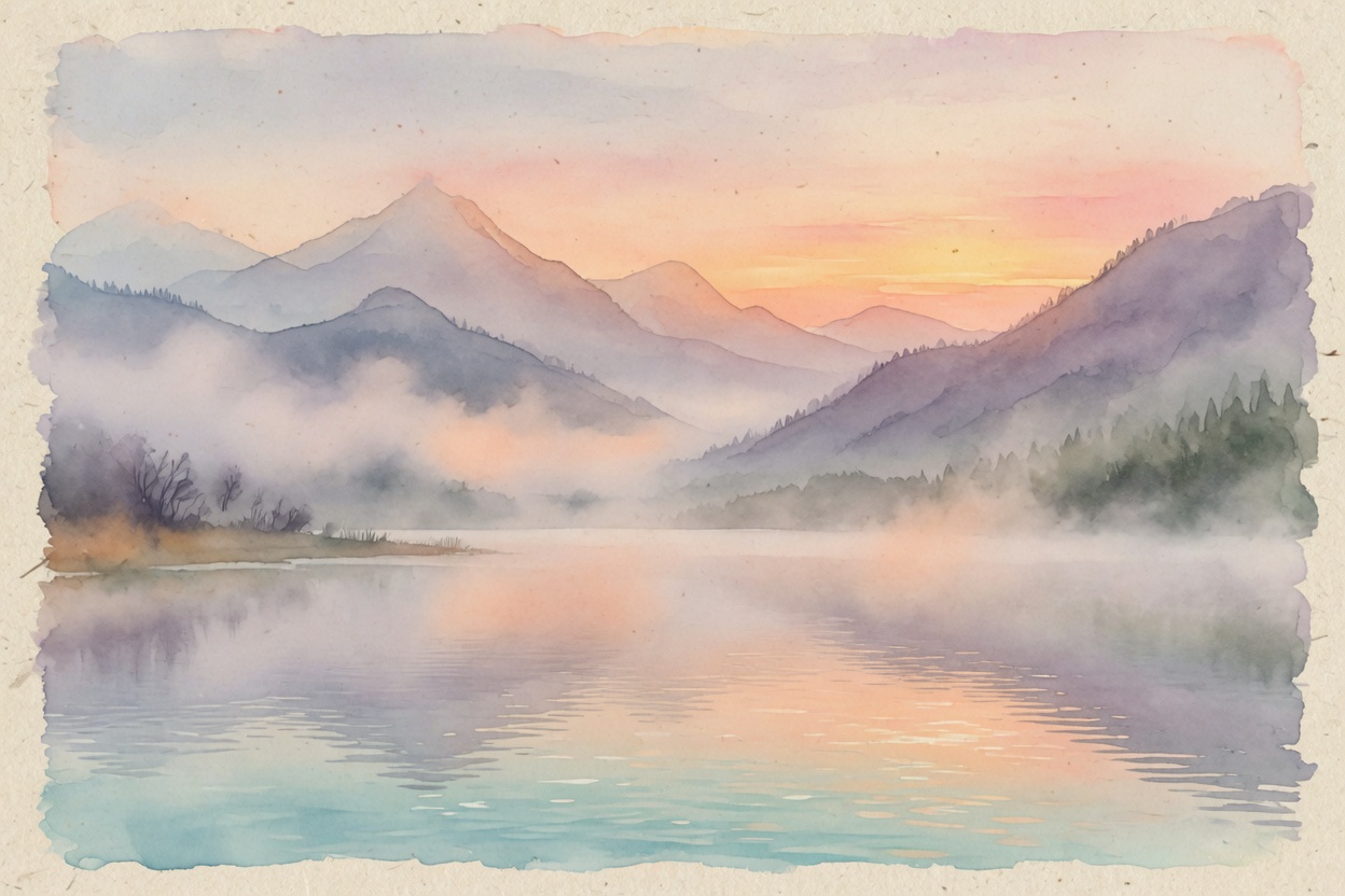Watercolor mountain lake in morning mist at sunrise